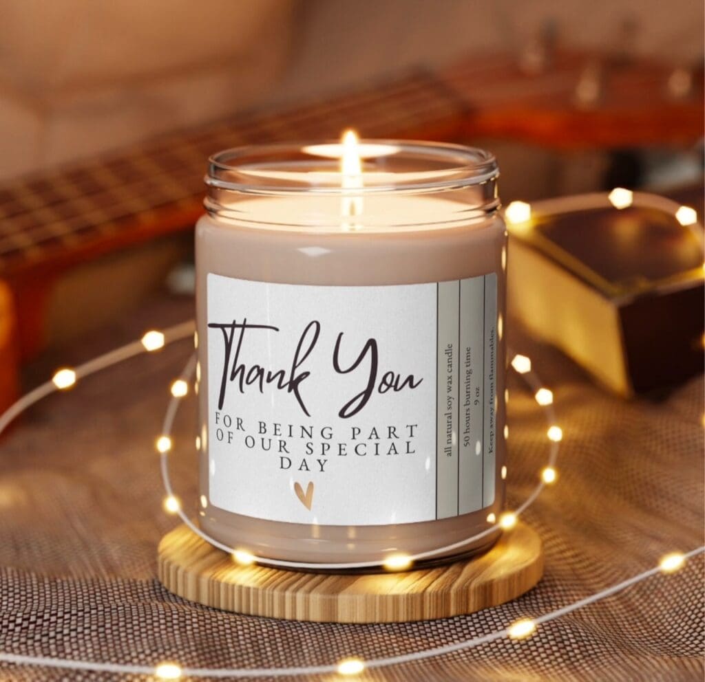 print on demand candle example. This candle says "Thank you for being part of our special day"