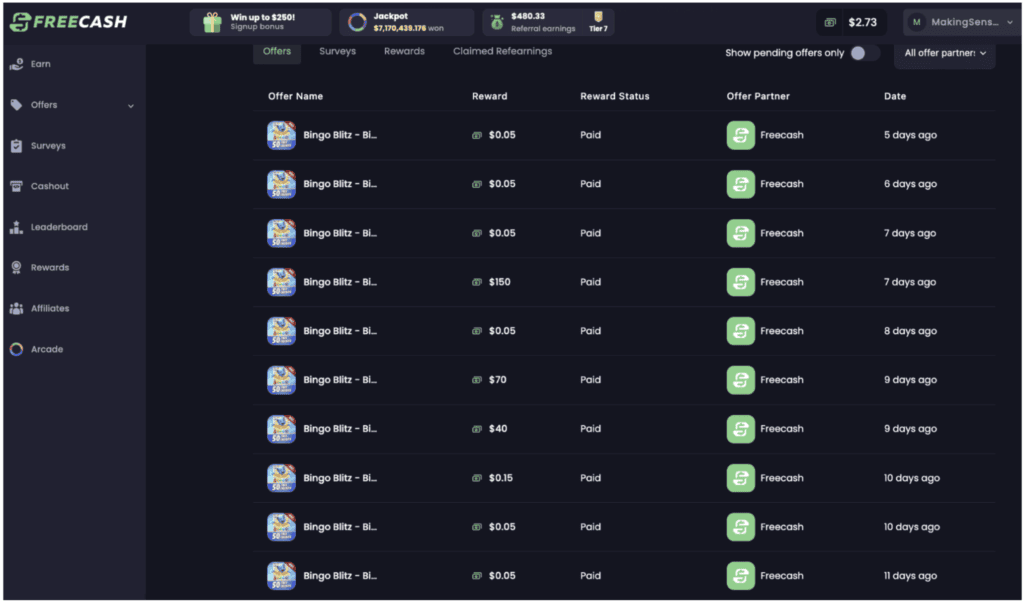 Proof that I’ve made money playing games on Freecash. The $0.05 amounts were rewards for playing 2 minutes each day. The larger amounts like $40, $70, and $150 were for reaching certain levels. I turned my points in all for free Amazon gift cards, but you can easily redeem them for DoorDash gift cards too.