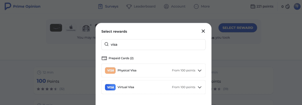 screenshot of prime opinion platform that shows free visa gift cards